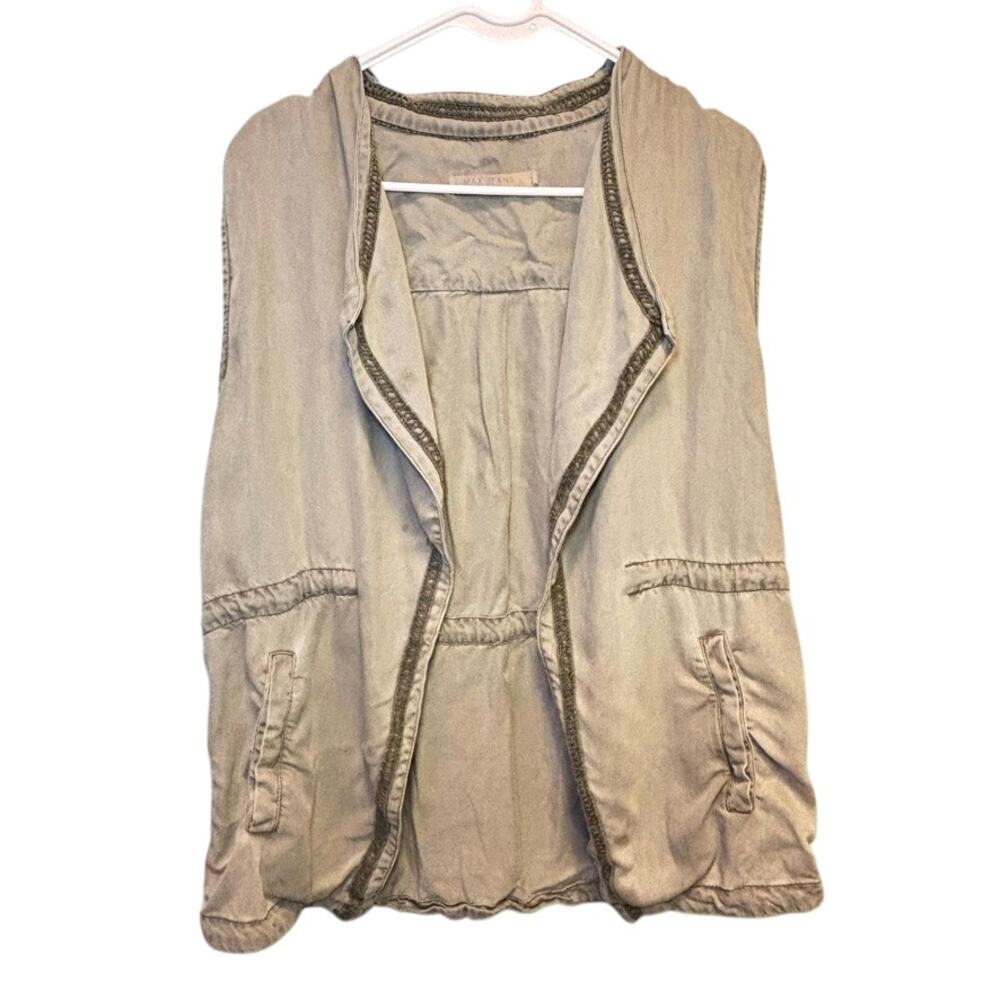 Max Jeans Women's Olive Green Utility Vest Open Front Embroidered Trim Pockets